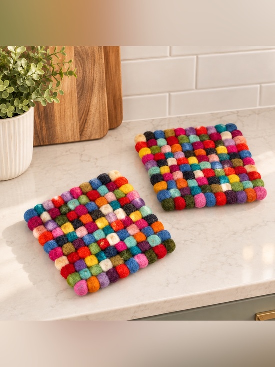 Handmade Other - 🌈 Handmade Felt Ball Trivets Set of 2 Colorful Wool Hot Pads Boho Kitchen Decor